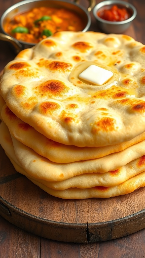 Quick Naan Bread Recipe Without Yogurt or Yeast Freshly cooked naan bread stacked on a wooden surface, brushed with butter, alongside a bowl of curry.